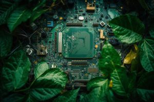 green computer board with microchips, created by a neural network, Generative AI technology