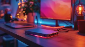 Modern workspace with external hard drive and festive lights